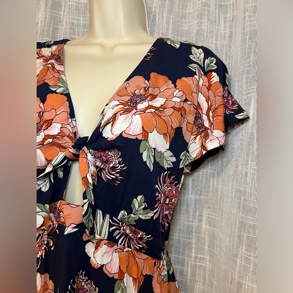 Lulus Navy Blue Floral Print Tie-Front Skater Dress - Picture 9 of 14